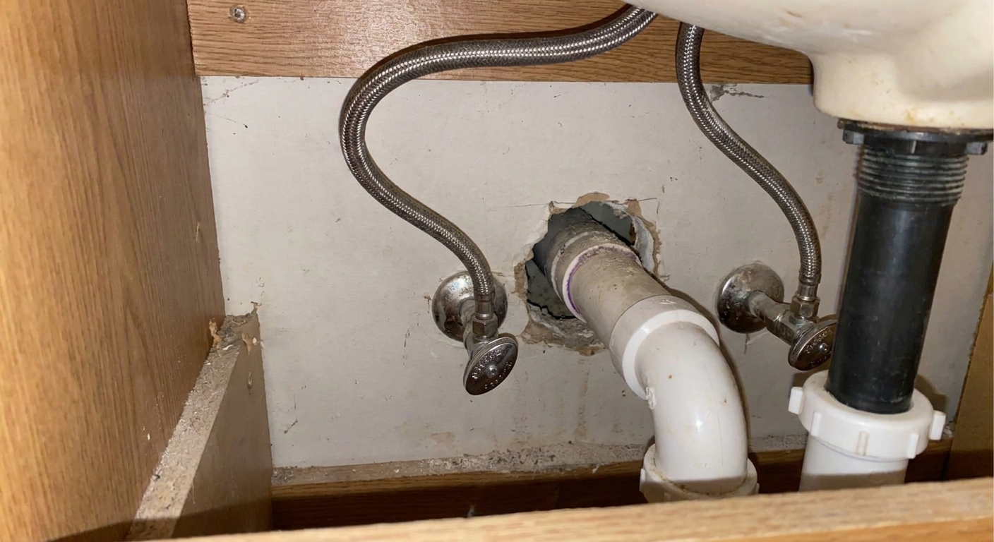 Close-up photo of a bathroom vanity interior showing water supply lines and an unsealed gap around a pipe where it enters the wall