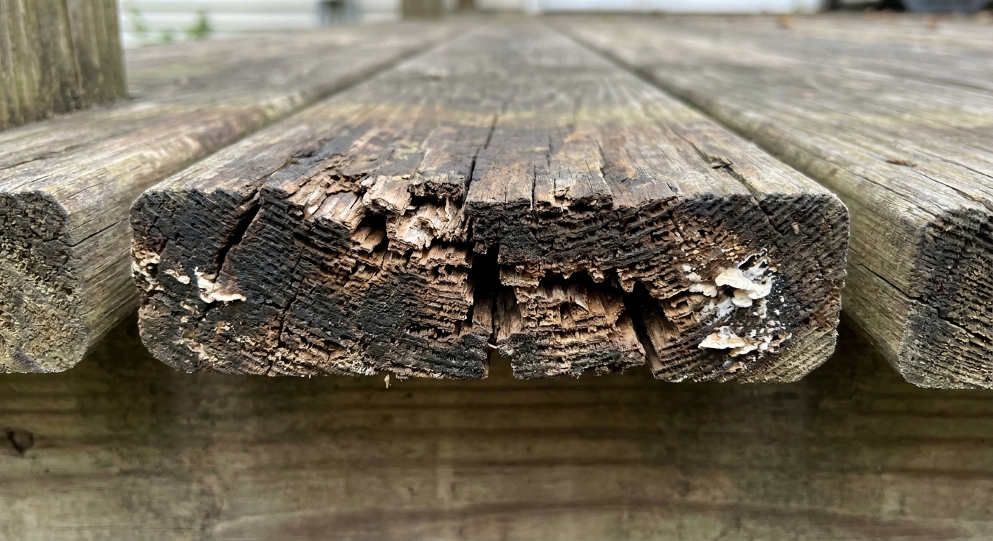 Close-up photo of a deck board end with darkened end grain and crumbling wood fibers where rot has started