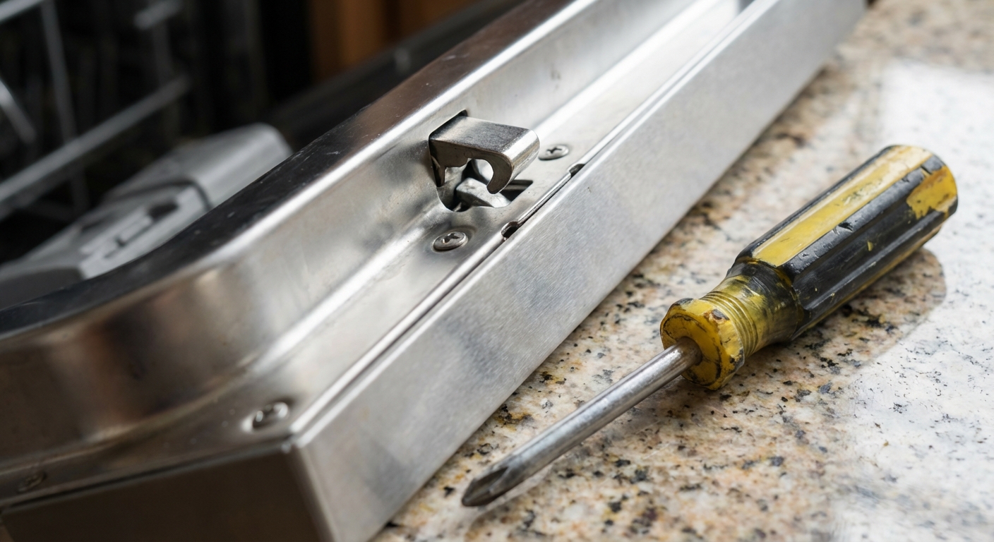 Close-up photo of a dishwasher door latch mechanism at the top center of the door, showing the metal strike and latch aligned, with a screwdriver nearby on the counter, photorealistic