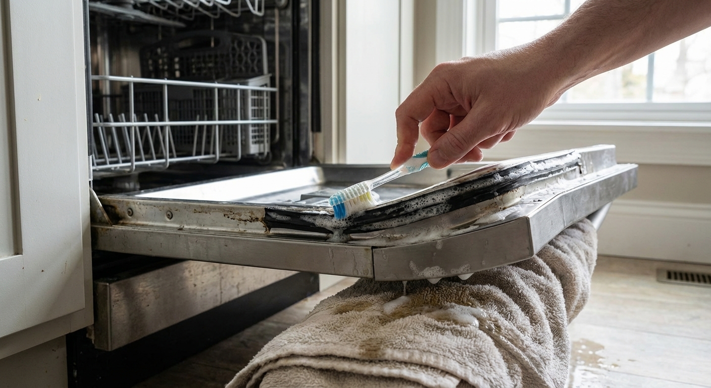 Close-up photo of a dishwasher door seal being scrubbed with a toothbrush and soapy water, with the door open and a towel catching drips