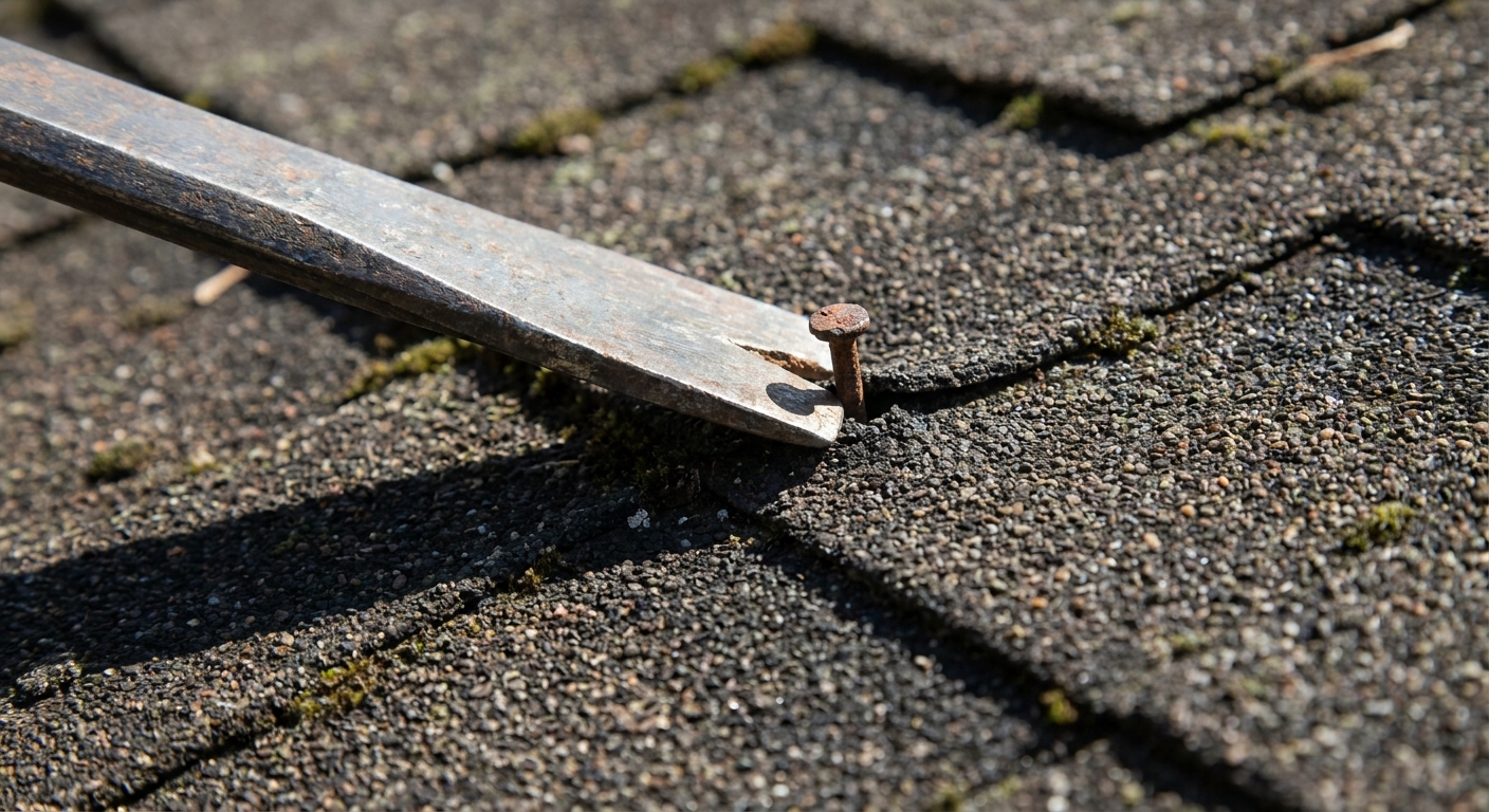 Close-up photo of a flat pry bar lifting a roofing nail from an asphalt shingle on a residential roof in daylight