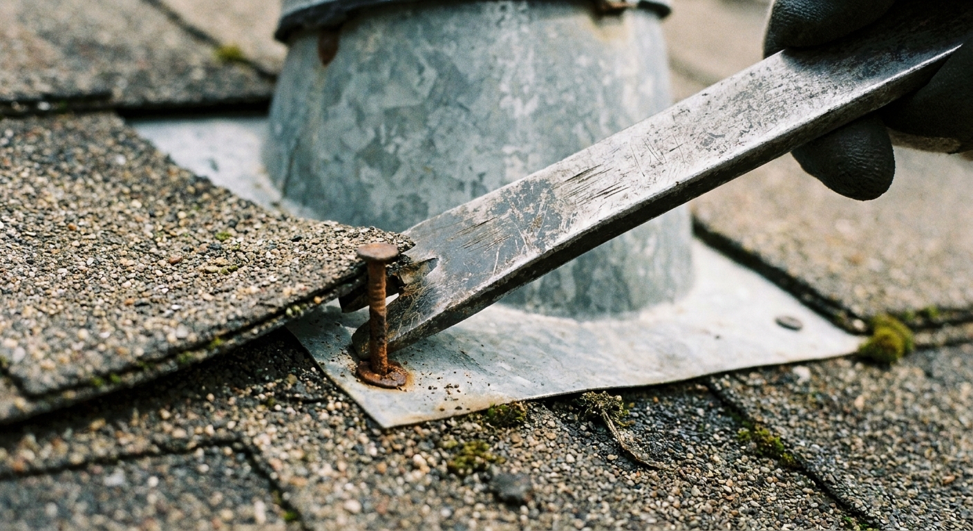 Close-up photo of a flat pry bar lifting an asphalt shingle tab while removing a roofing nail from a vent pipe boot flashing