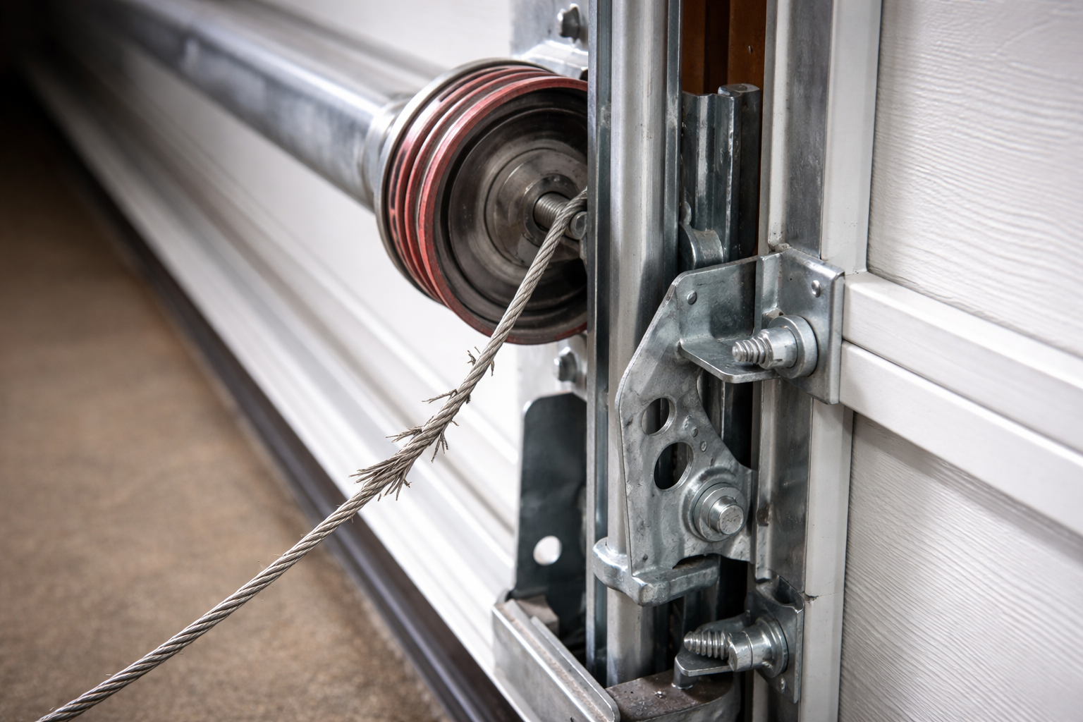 Close-up photo of a frayed garage door lift cable near the bottom bracket with loose wire strands visible
