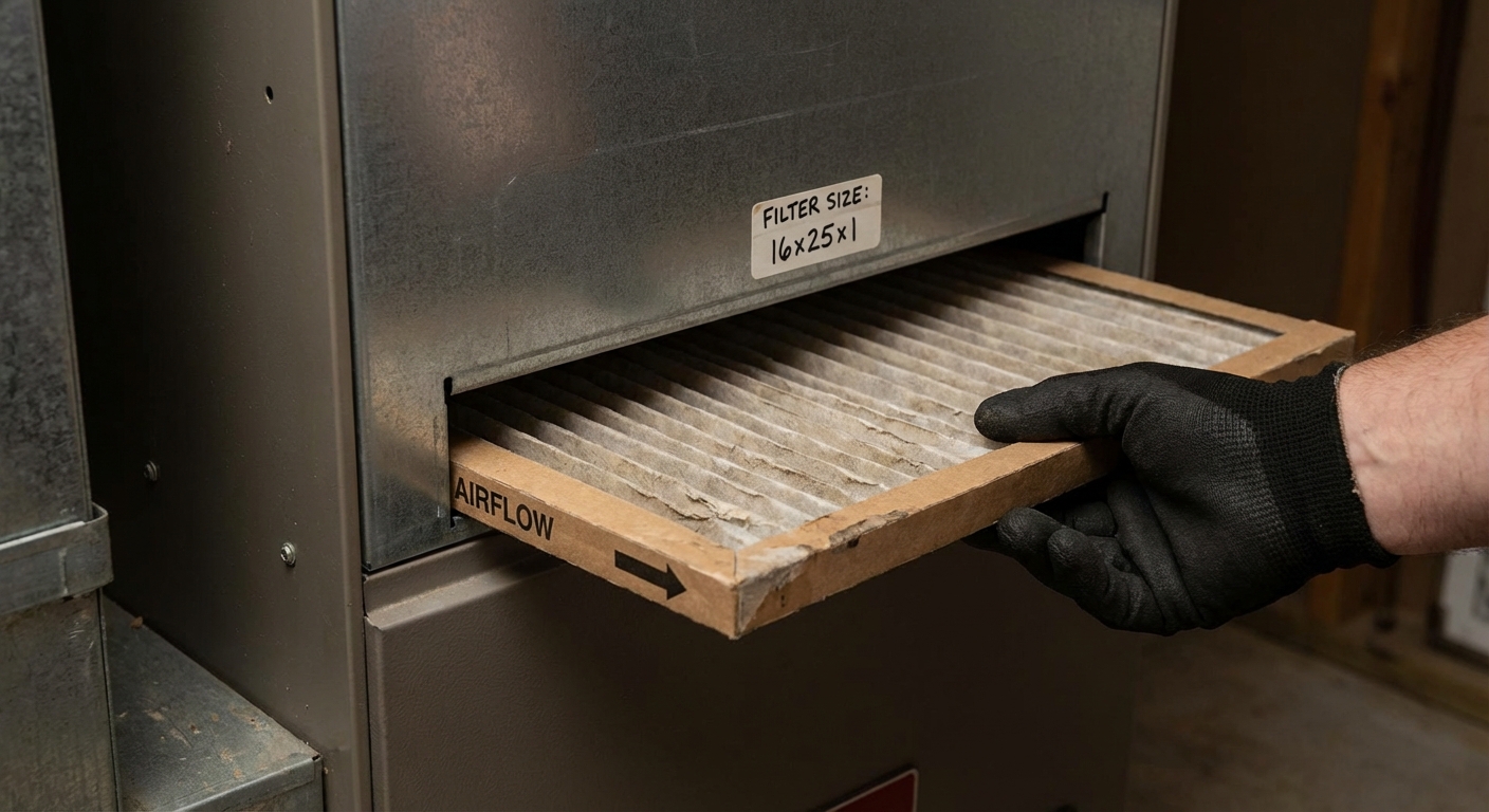 Close-up photo of a furnace filter slot on the side of a residential forced-air furnace