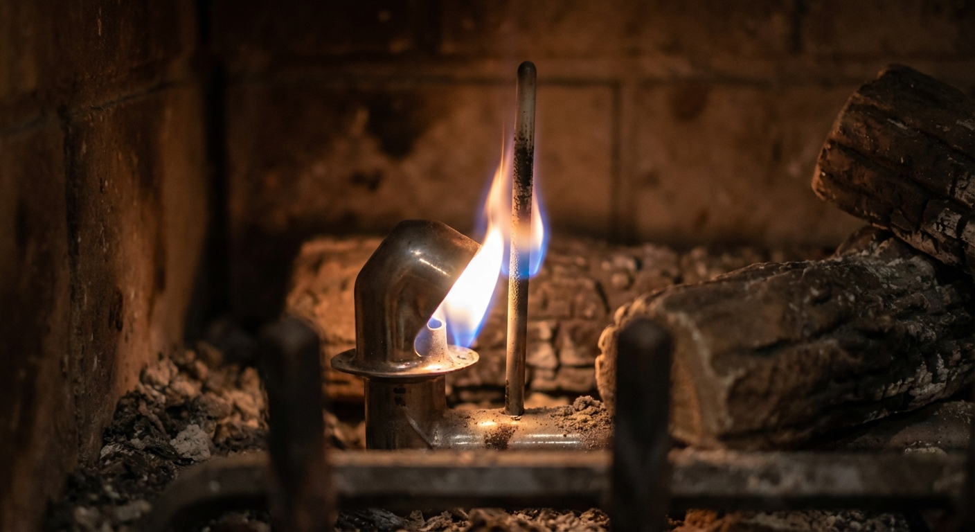Close-up photo of a gas fireplace pilot assembly showing the pilot hood, sensor rod, and burner area inside the firebox