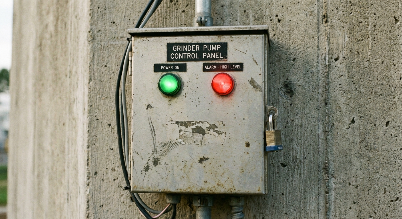 Close-up photo of a grinder pump control panel showing power and alarm indicator lights on a wall