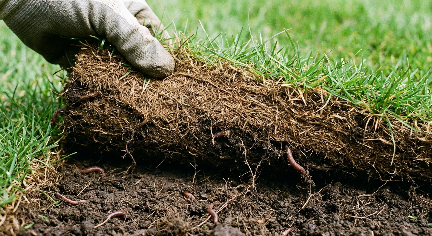 Close-up photo of a lawn edge where a small section of turf is lifted to reveal a brown, fibrous thatch layer between green grass blades and the dark soil beneath, natural outdoor lighting
