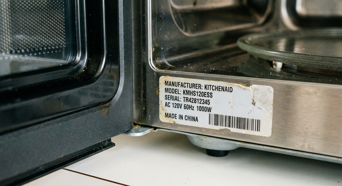 Close-up photo of a microwave door frame showing the manufacturer model number sticker inside the door opening