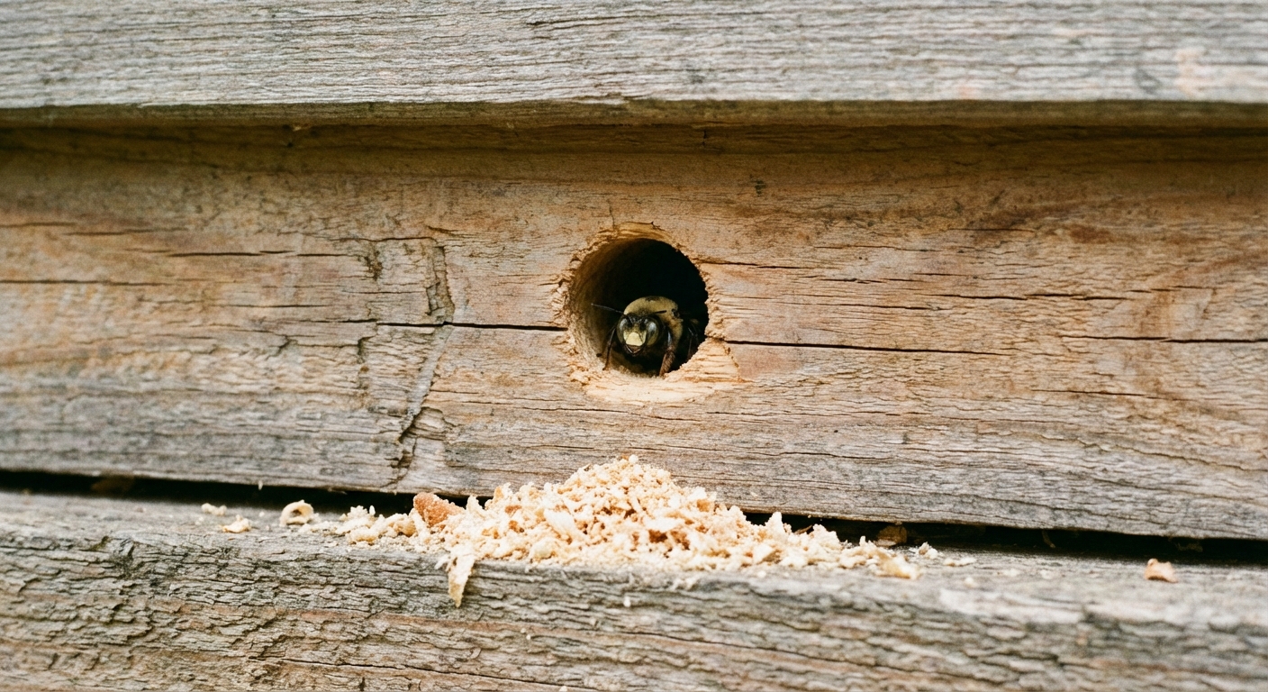 Close-up photo of a perfectly round carpenter bee entry hole drilled into unfinished cedar trim under a porch overhang, with fresh sawdust on the ledge below, natural daylight