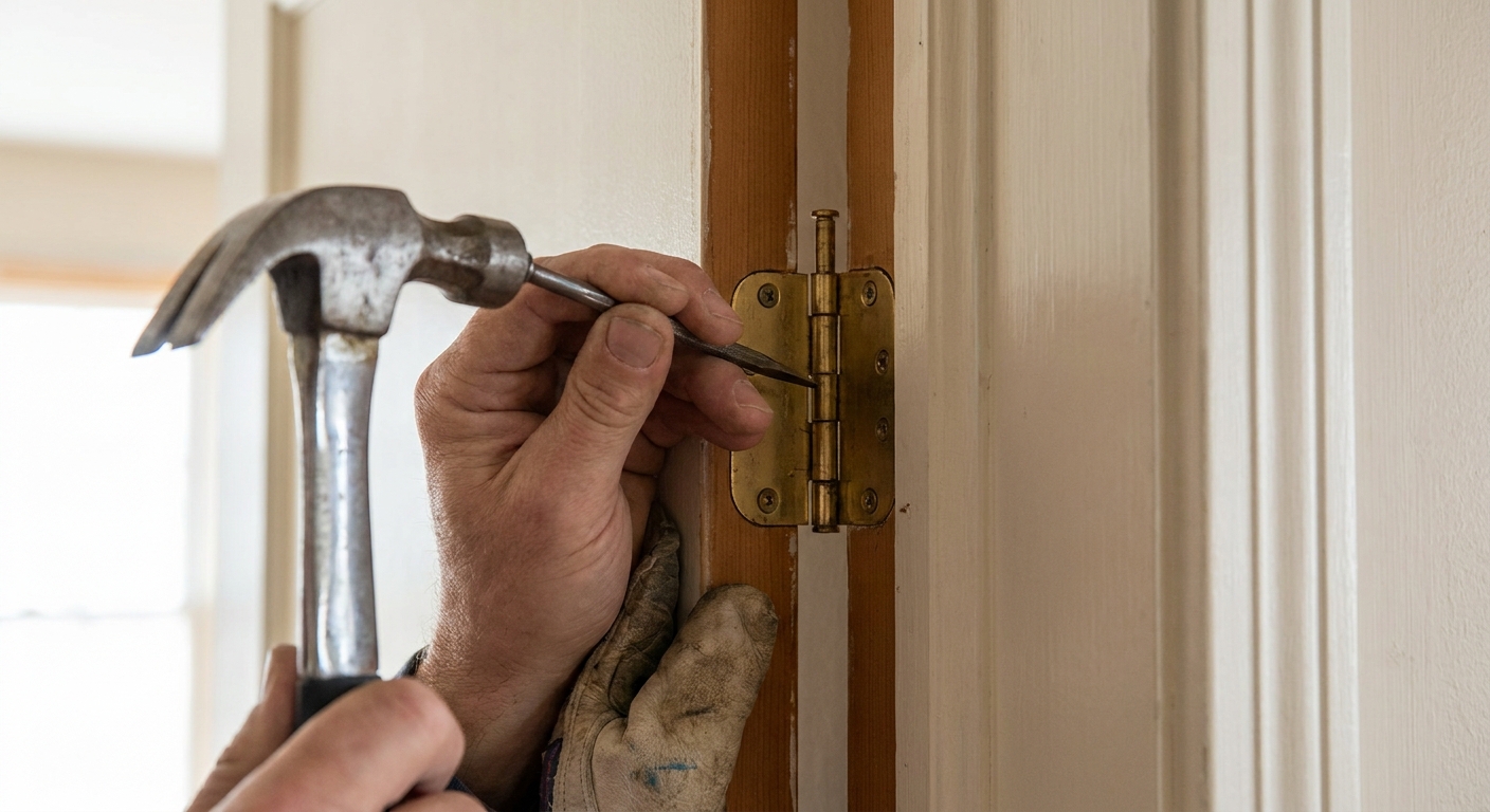 Close-up photo of a person tapping an interior door hinge pin upward with a hammer and nail set