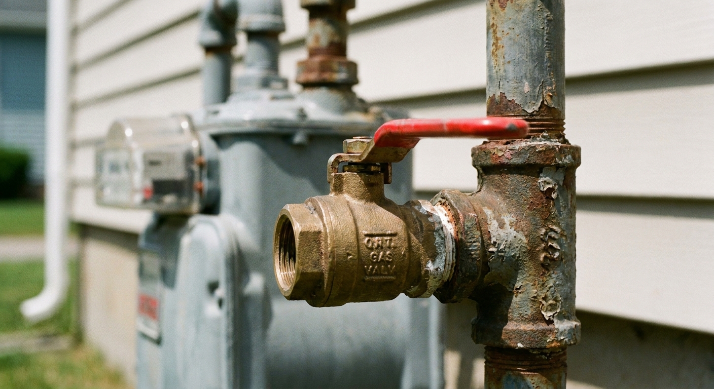 Close up photo of a quarter turn natural gas shutoff valve on the pipe near a residential gas meter, showing the handle perpendicular to the pipe