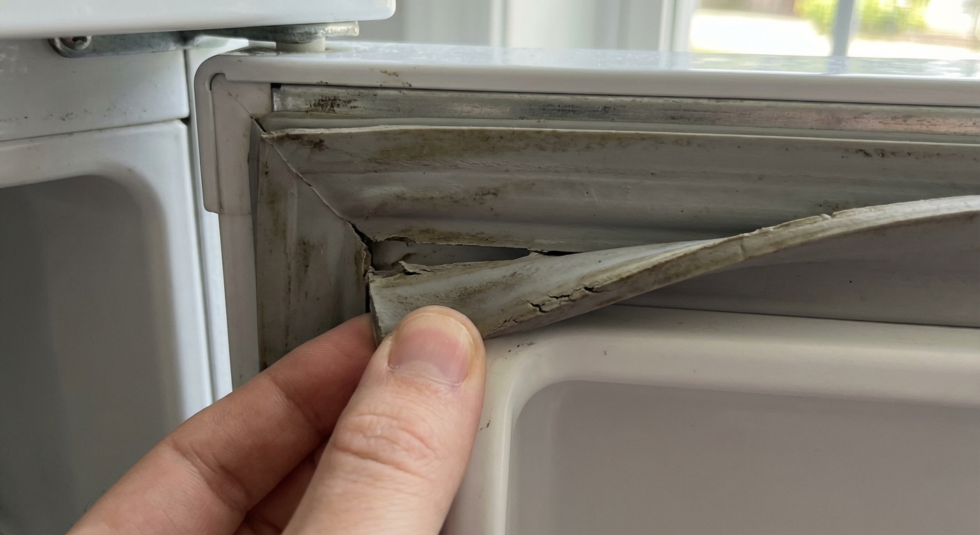 Close-up photo of a refrigerator door gasket seal along the frame with a hand gently pulling the rubber to show a small gap and wear at the corner, natural kitchen lighting, photorealistic