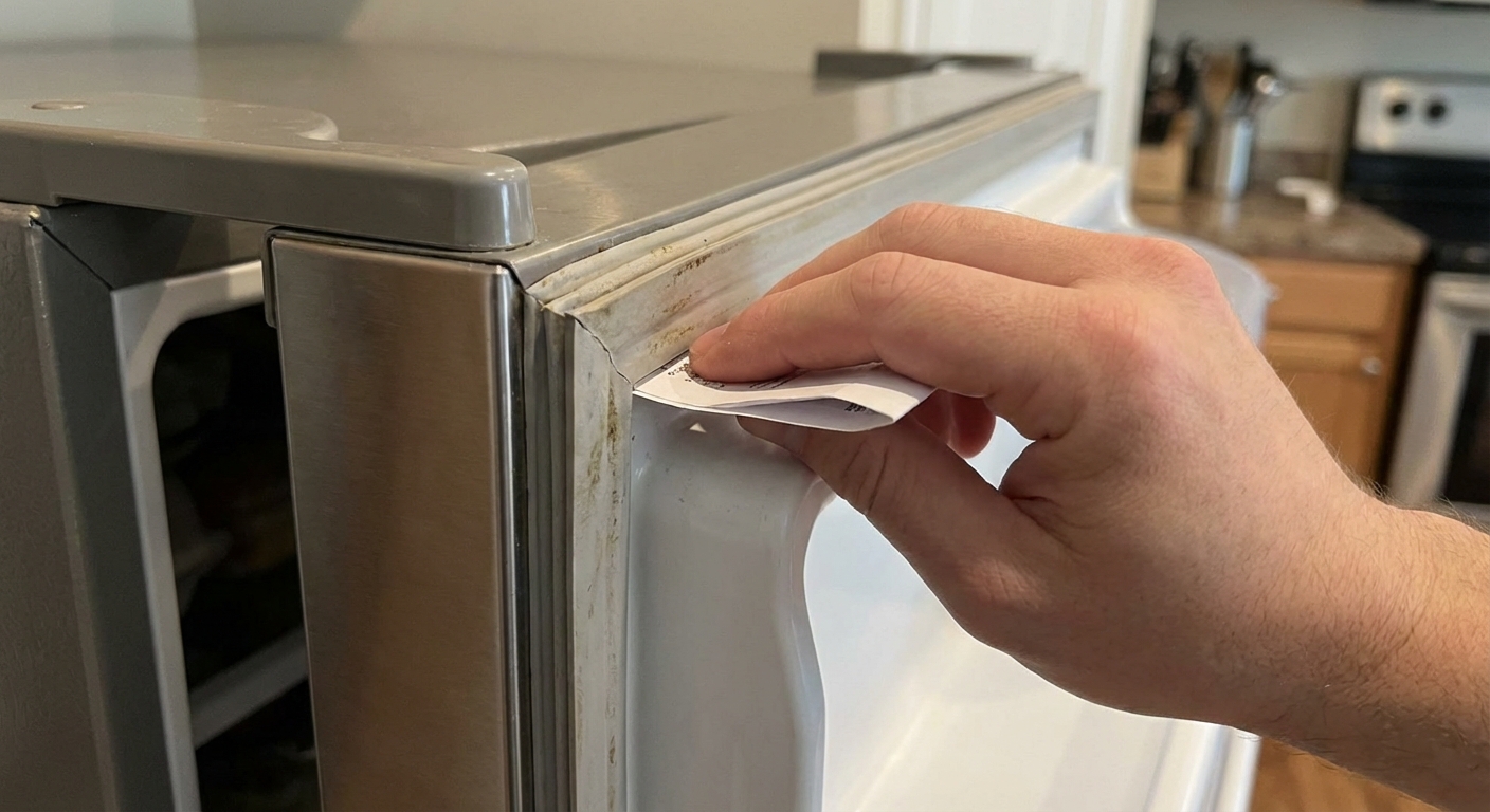 Close-up photo of a refrigerator door gasket with a person’s hand holding a strip of paper partly trapped between the door and the fridge frame, photorealistic