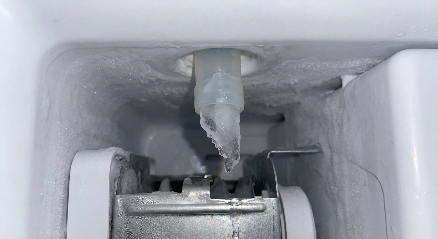 Close-up photo of a refrigerator ice maker fill tube area with a visible ice plug forming at the end of the small rubber or plastic water fill tube