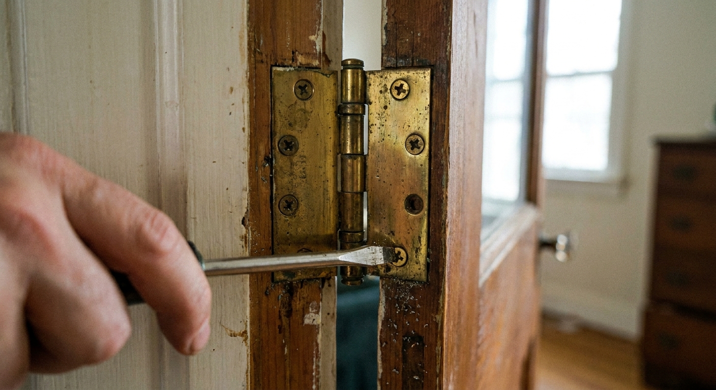 Close-up photo of a screwdriver tightening the screws on a brass interior door hinge with the door partially open