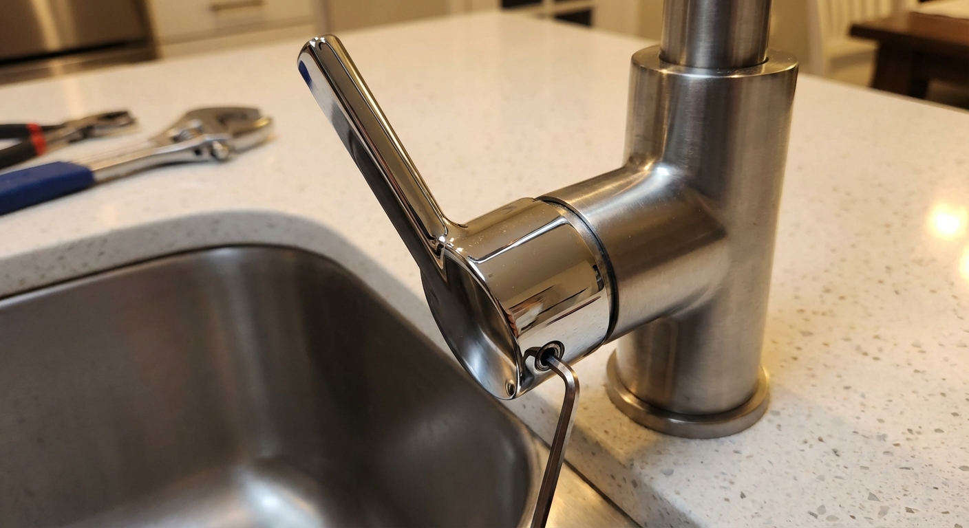 Close-up photo of a single-handle kitchen faucet handle with the small set screw exposed and an Allen key inserted, chrome finish, kitchen counter blurred in background