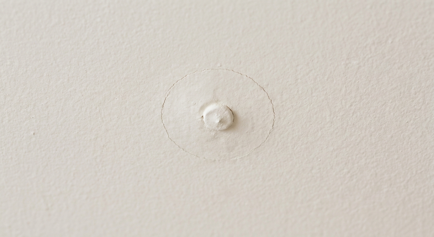 Close-up photo of a small nail pop bump on a painted drywall ceiling with a faint circular crack around it