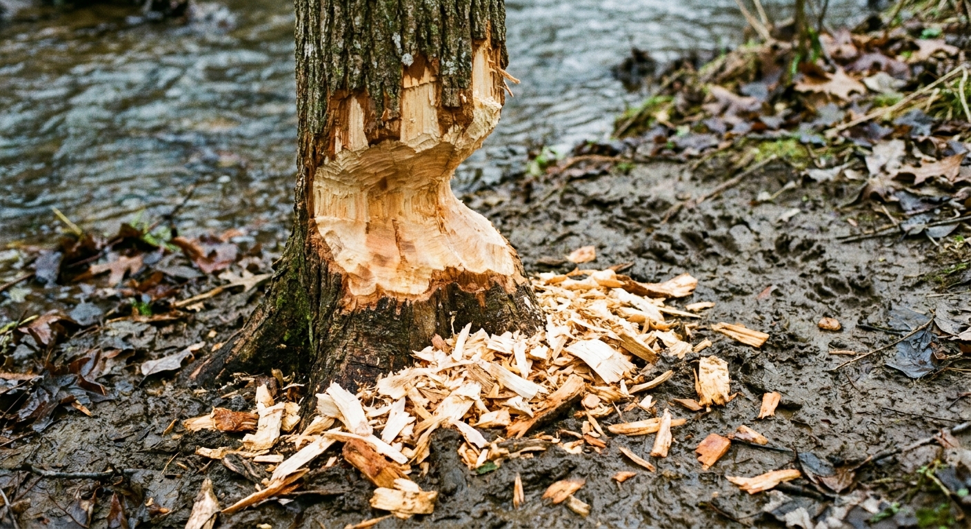 Close-up photo of a small tree stump with fresh beaver tooth marks and wood chips at the base on a muddy creek bank