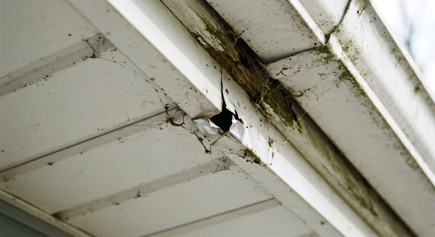 Close-up photo of a soffit seam with a small visible opening at the eave where wildlife could enter