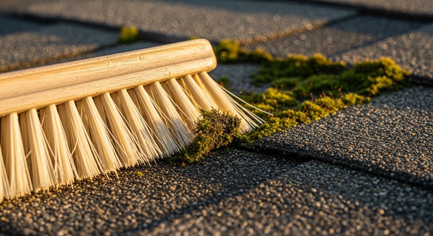 Close-up photo of a soft-bristle hand brush being used gently on asphalt shingles with light moss growth near the edge of a roof