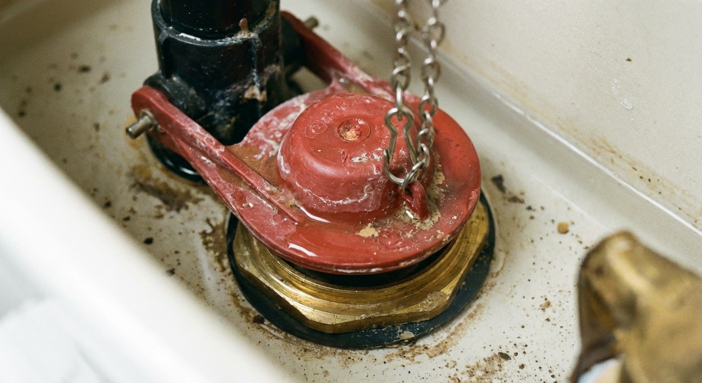 Close-up photo of a toilet flapper valve sitting on the flush valve seat inside the tank