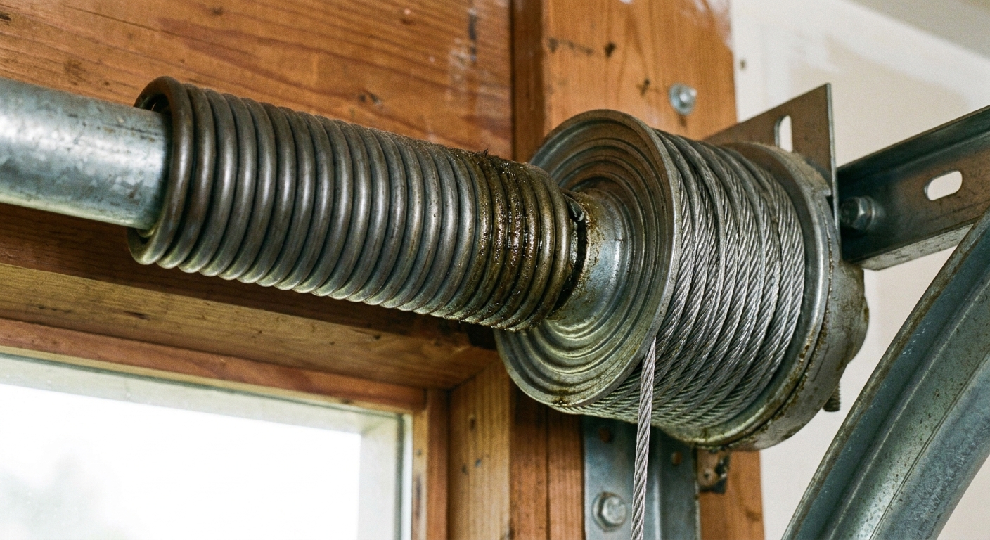 Close-up photo of a torsion spring shaft and cable drum above a garage door, with the cable wrapped in the drum grooves