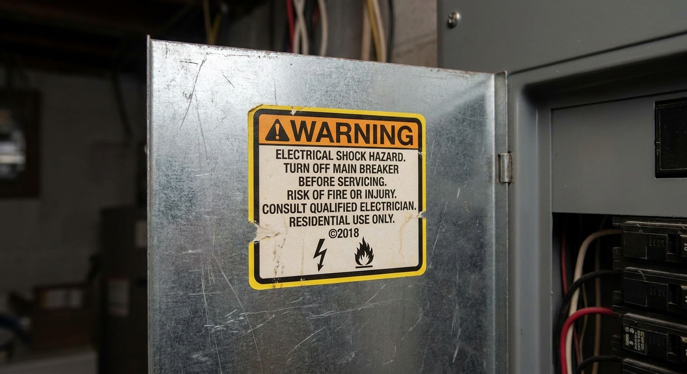 Close-up photo of a warning label on the inside of an electrical panel door, showing safety hazards in a residential utility space