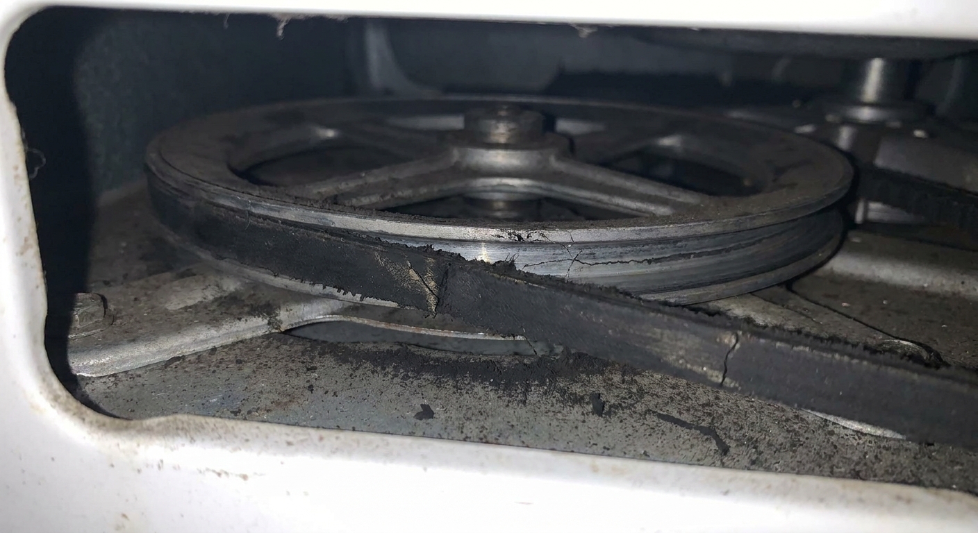 Close-up photo of a washing machine drive belt and pulley with visible rubber dust and wear marks inside the lower service area