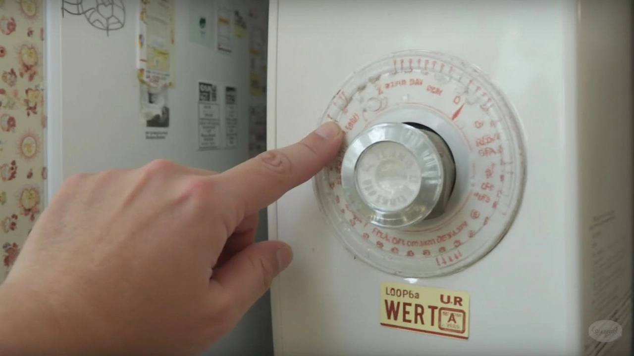 Close up photo of an electric water heater upper thermostat area with a small red reset button visible, indoor utility room