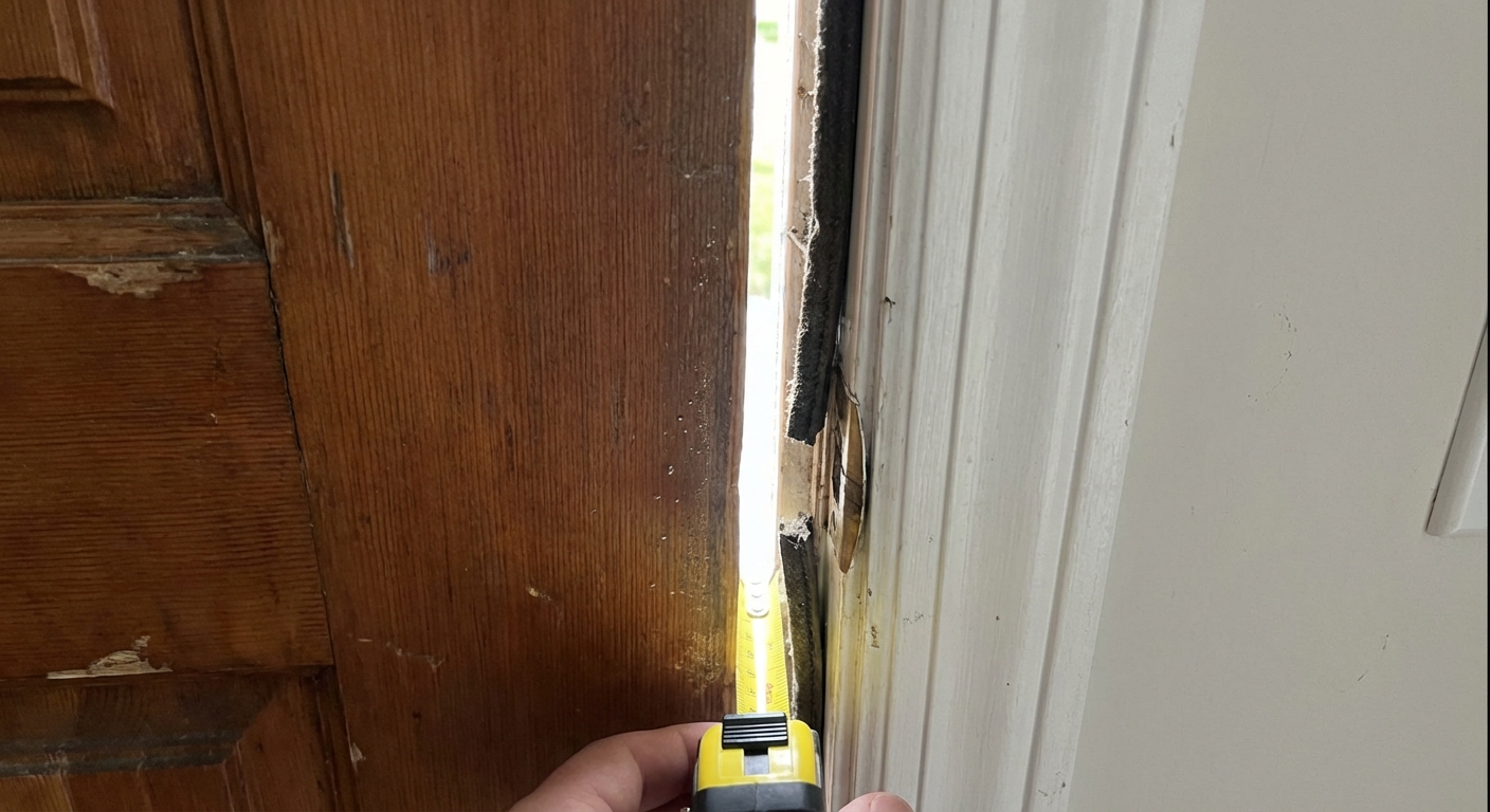 Close-up photo of daylight visible along the edge of an exterior door near the jamb, showing a narrow uneven gap that causes drafts, realistic home inspection photo