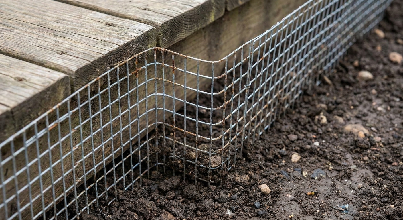 Close-up photo of galvanized hardware cloth extending from a deck edge and buried into the soil as an L-shaped digging apron