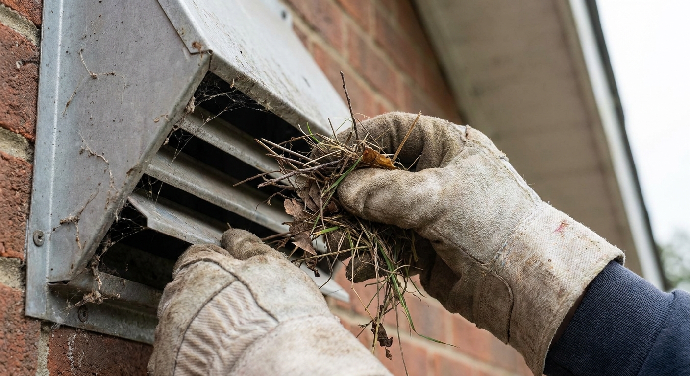 Close-up photo of gloved hands carefully pulling twigs and dry grass out of an exterior vent hood opening