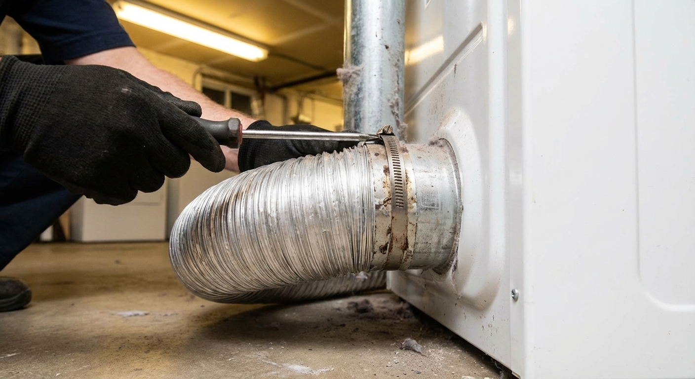 Close-up photo of hands loosening a worm-gear clamp on a metal dryer vent duct behind a clothes dryer, workshop-style lighting, photorealistic