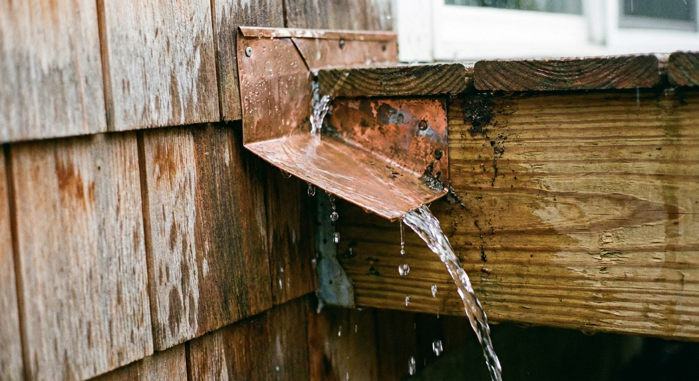Close-up photo of metal flashing at a deck ledger where it meets house siding, showing water being directed outward