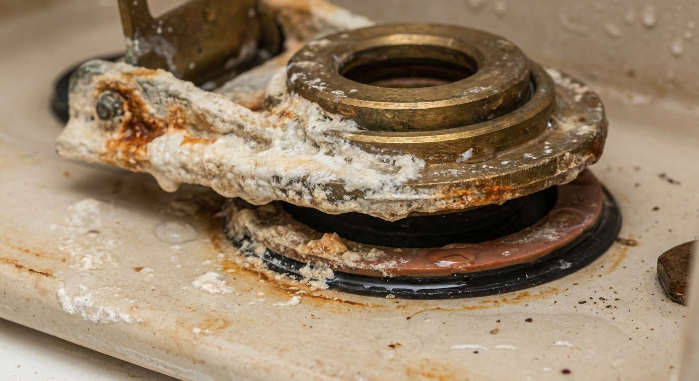 Close-up photo of mineral buildup on a toilet flush valve seat inside the tank