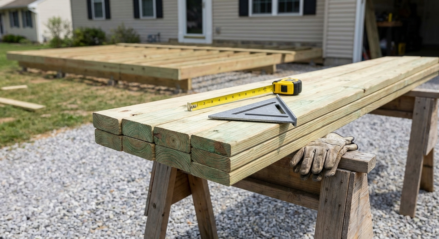 Close-up photo of pressure-treated deck framing lumber stacked on sawhorses in a driveway with a tape measure and speed square nearby, natural daylight