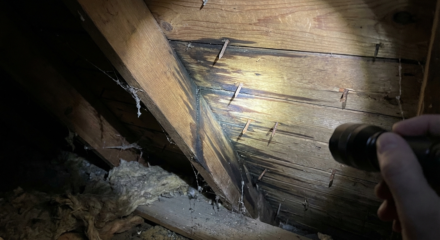 Close-up photo of roof sheathing in an attic showing a dark water stain trail and rusty nail tips, flashlight illumination, realistic home repair scene