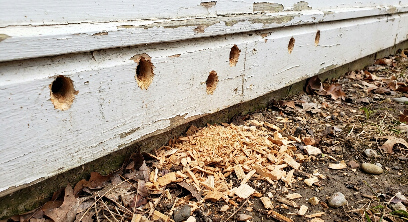 Close-up photo of several woodpecker holes and fresh wood chips on the ground below a painted exterior trim board