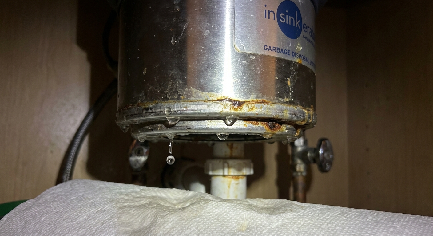 Close-up photo of the bottom of a garbage disposal under a sink with visible water droplets forming at the lowest point of the housing, realistic home maintenance photo