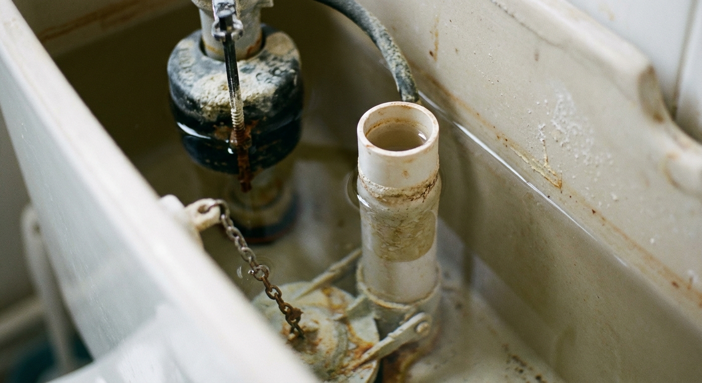 Close-up photo of the inside of a toilet tank showing the overflow tube and water line sitting just below the top of the tube, realistic bathroom lighting