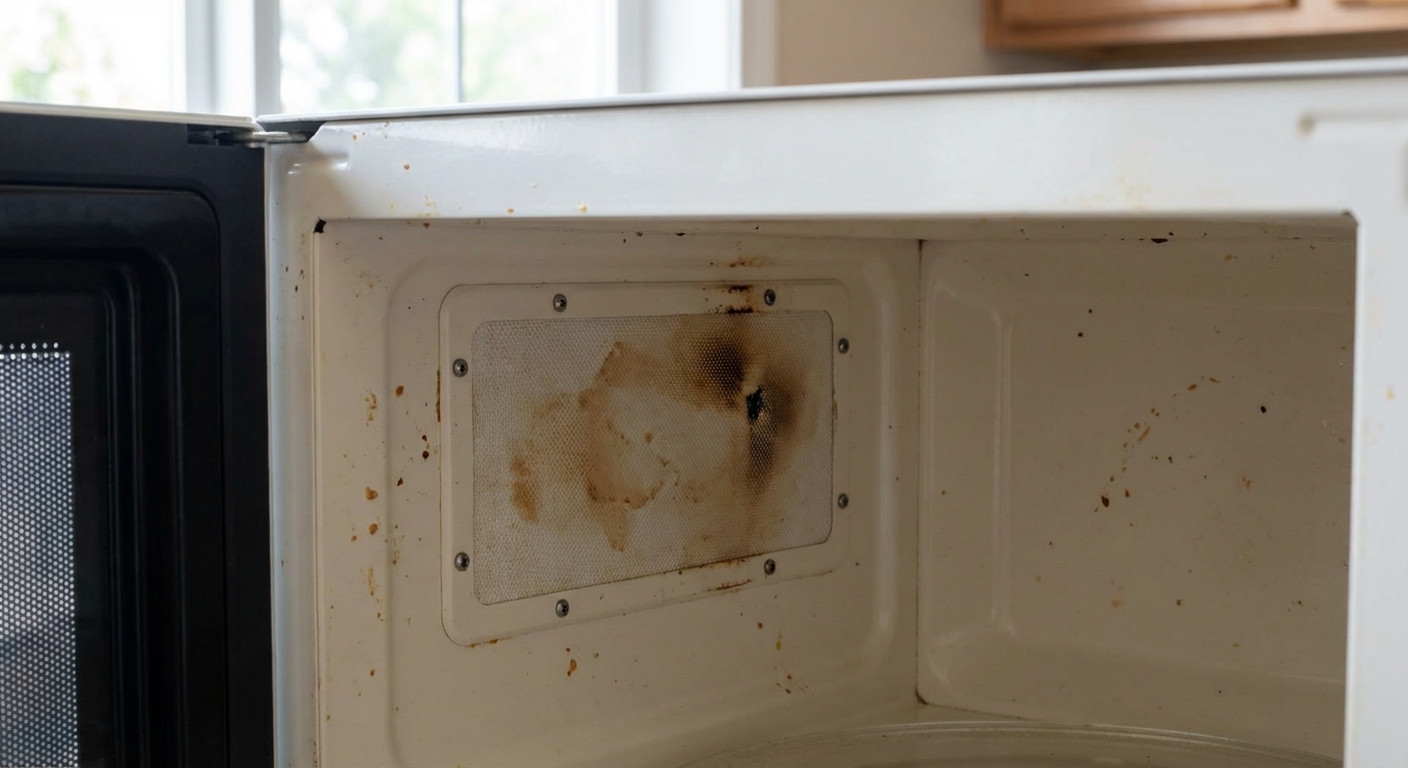 Close-up photo of the inside wall of a microwave showing a rectangular waveguide cover panel with light brown burn marks, door open, natural kitchen lighting