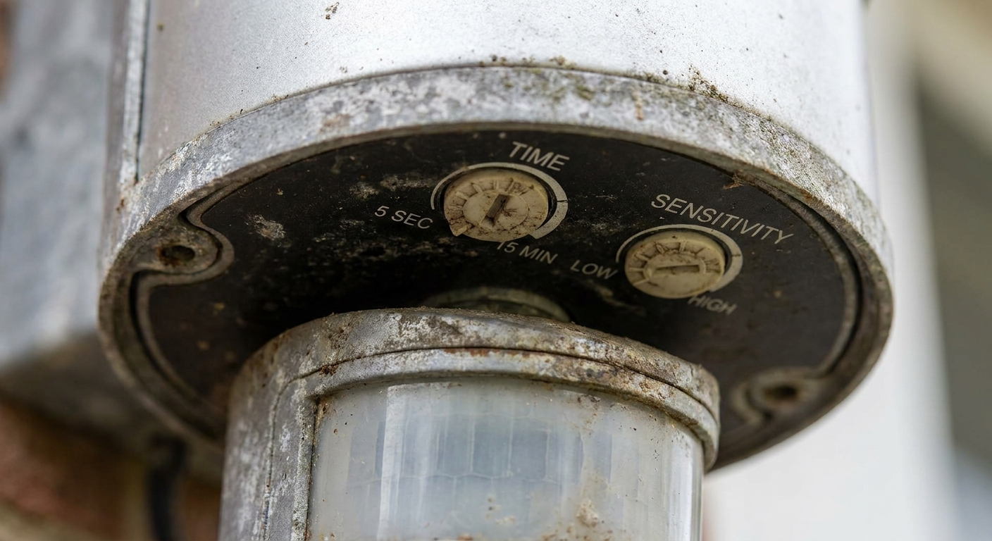 Close up photo of the underside of an outdoor motion-sensor light showing small adjustment dials labeled time and sensitivity on the sensor housing