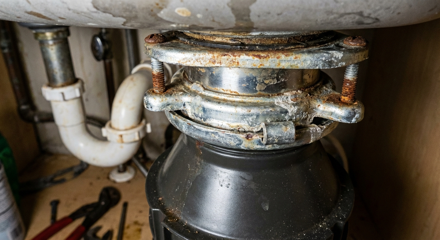 Close-up photo under a kitchen sink showing the metal mounting ring and screws where a garbage disposal attaches to the sink flange, realistic home repair photo