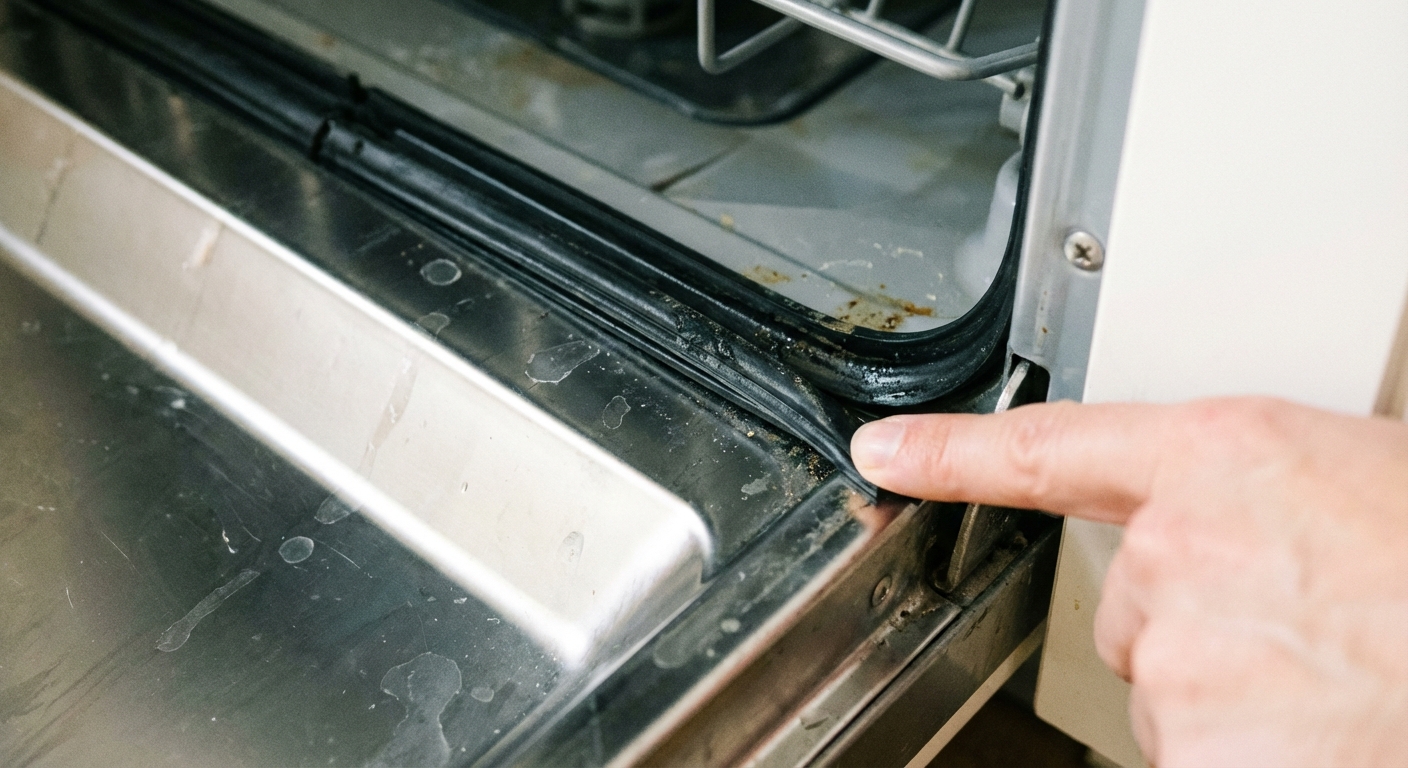 Close-up photograph of a dishwasher door frame showing the black rubber gasket seated in the channel, with a hand pointing to the seal near the lower corner, sharp focus