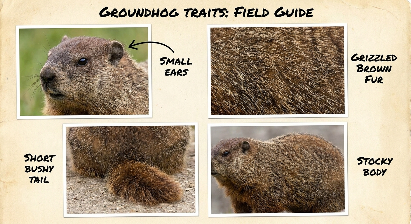 Close-up views labeling key groundhog traits like short bushy tail, small ears, grizzled brown fur, and stocky body in one annotated collage.