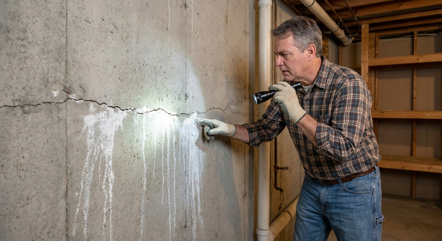 Concrete basement wall with white efflorescence streaks below a hairline crack