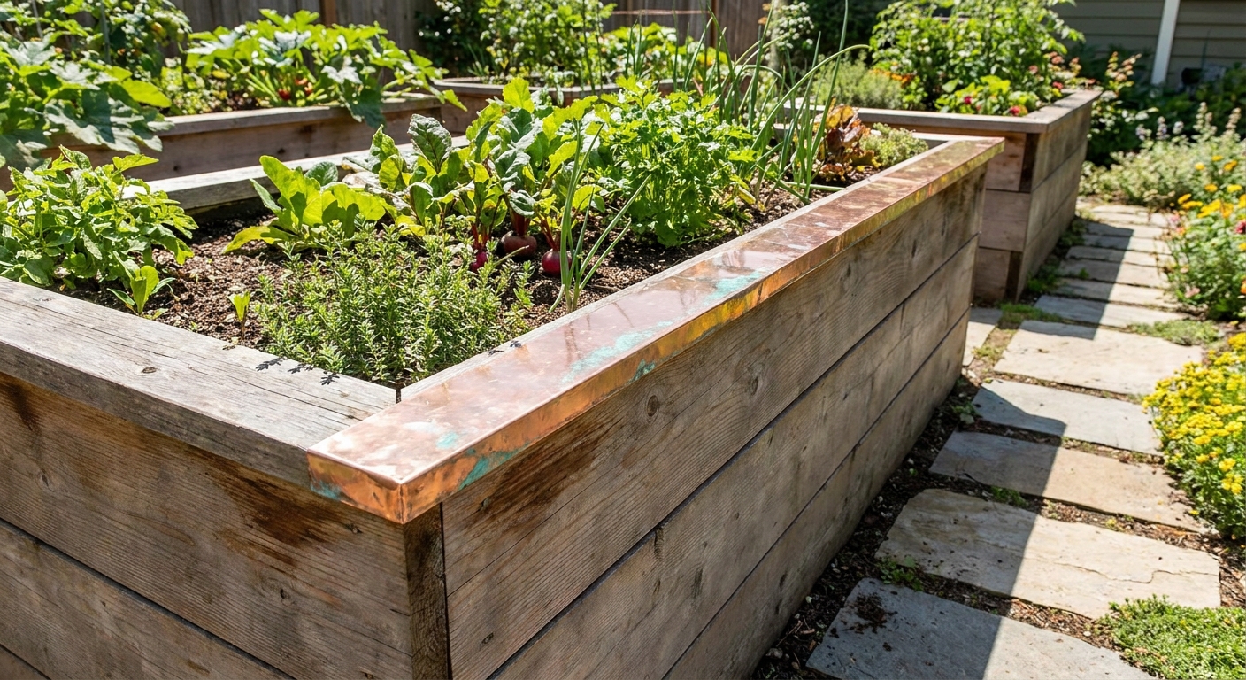 Copper tape applied in a continuous strip along the top edge of a wooden raised garden bed