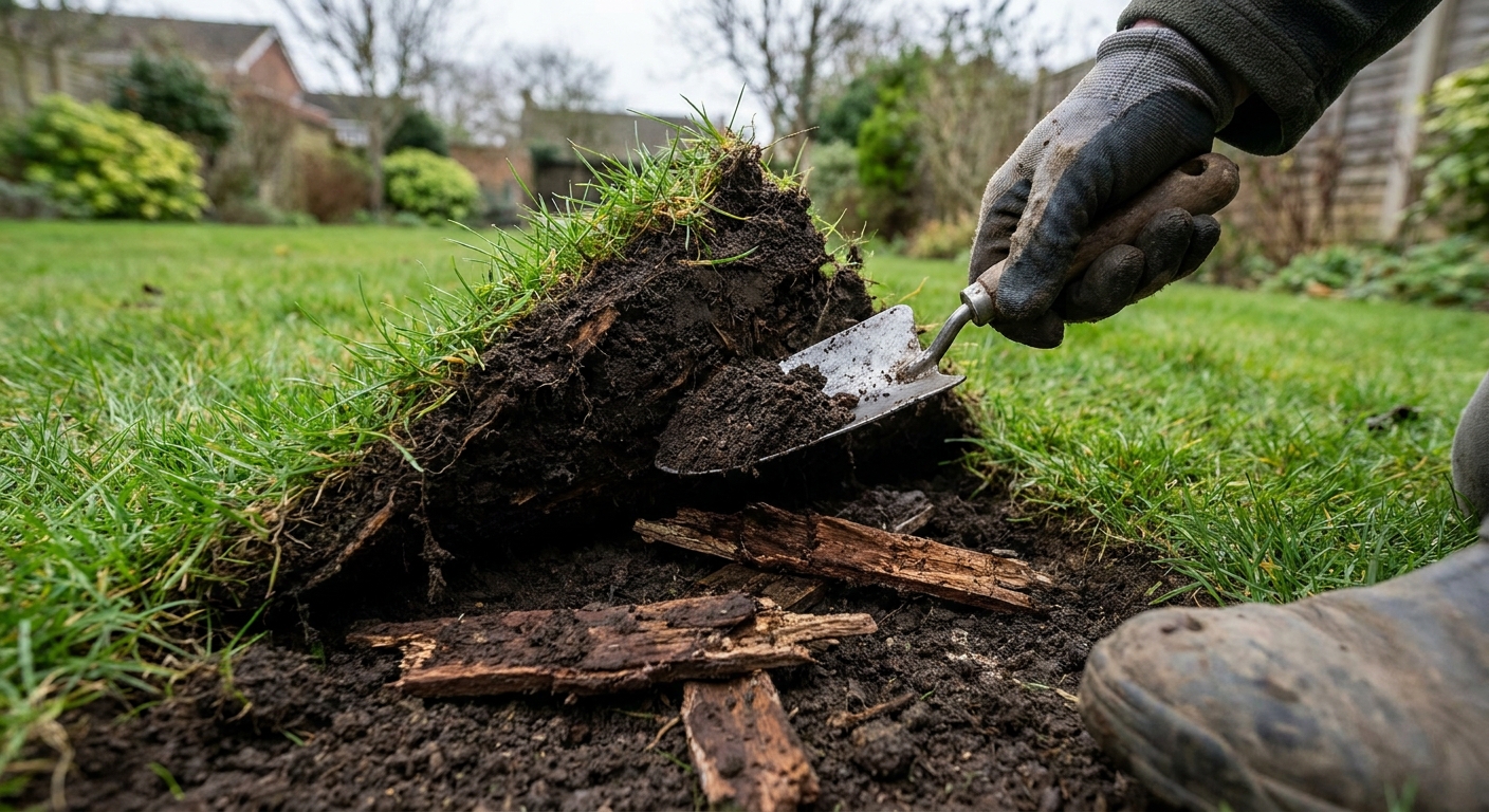 A person using a hand shovel to dig into turf, exposing decaying wood pieces and dark soil beneath the grass