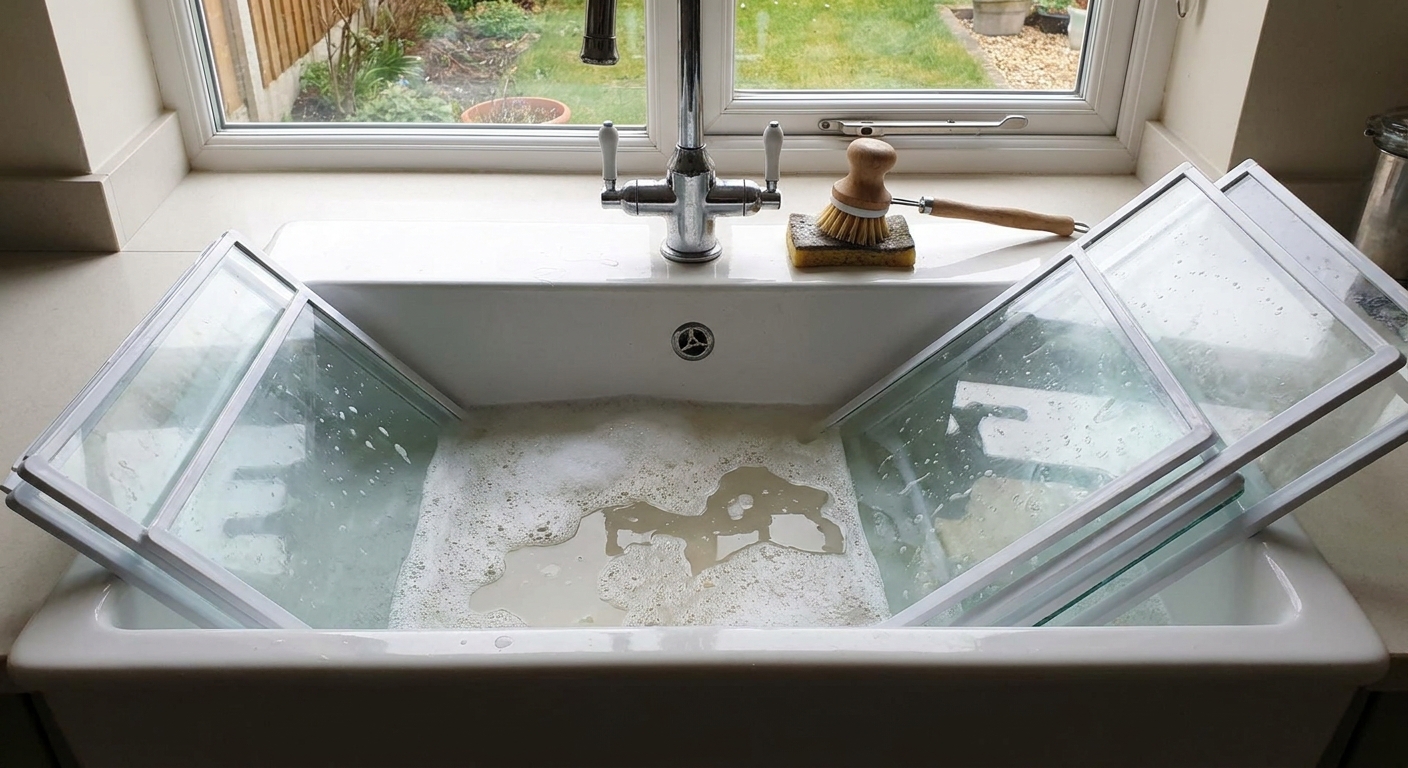 A kitchen sink with removable glass refrigerator shelves soaking in warm soapy water