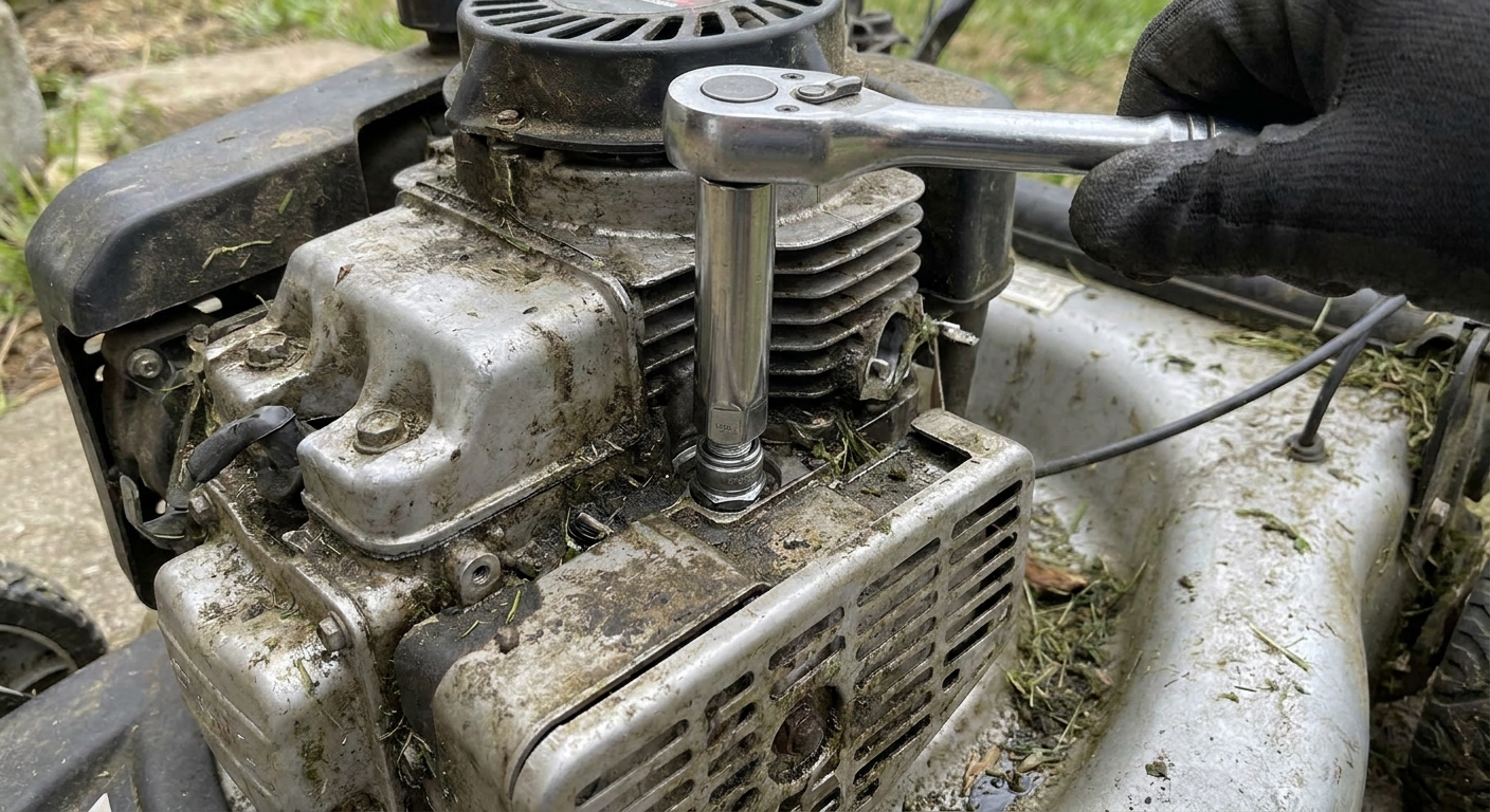 A close-up photo of a spark plug being loosened from a small lawn mower engine using a spark plug socket